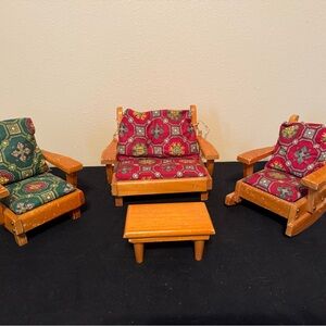 Vintage 1960s Wooden Dollhouse Furniture Set by Pert Pat – With Cushions